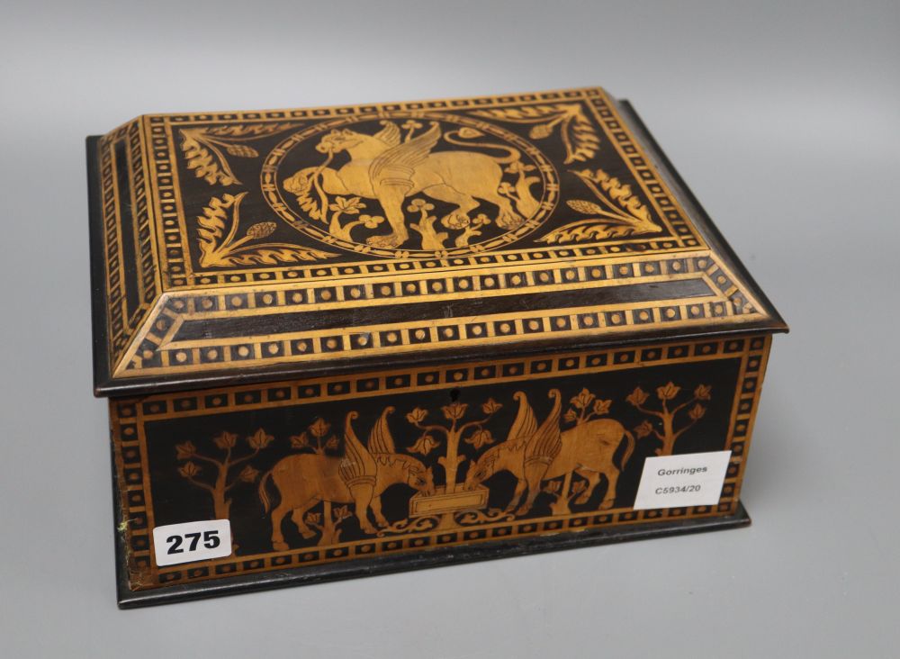 A French neo-classical style inlaid box, depicting Pegasus, length 28cm